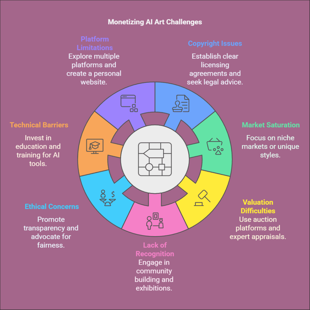 A comparison table highlighting common challenges in monetizing AI art, such as market saturation, copyright concerns, and pricing strategies, alongside practical solutions to make money with AI art.