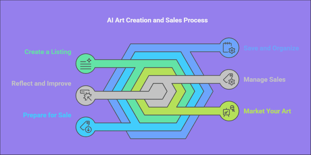 A step-by-step flowchart showing the process of creating and selling AI art, from choosing AI tools and generating art to marketing and selling it online to make money with AI art.