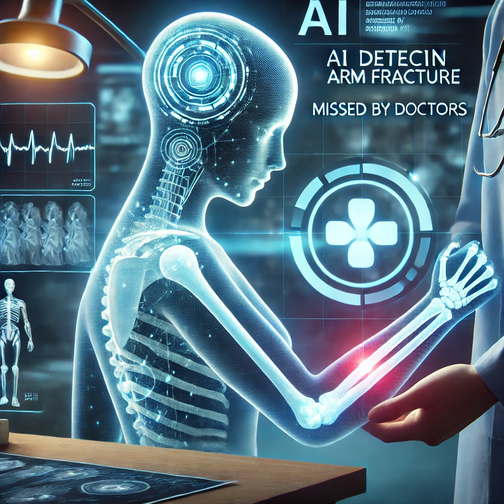 Featured image showing an AI chatbot interface on a screen, with a medical X-ray of an arm in the background. The image highlights how Grok, the AI chatbot, detected a hidden arm fracture that was missed by doctors, potentially preventing the need for surgery. The image emphasizes the role of AI in enhancing medical diagnoses and patient care