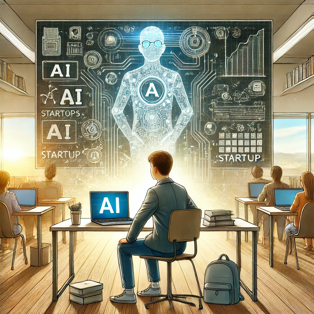 A young person confidently sitting in a modern office, with a whiteboard in the background displaying AI diagrams and startup plans. Their laptop screen shows AI-generated designs, symbolizing their journey from dropping out of school to building a successful AI startup. The image reflects innovation, determination, and achieveme