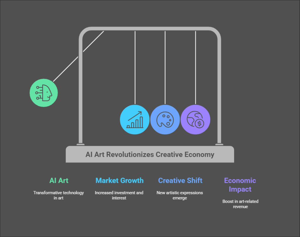 An infographic illustrating the rapid rise of AI art's popularity and its growing market potential, highlighting statistics, trends, and strategies for making money with AI-generated art.