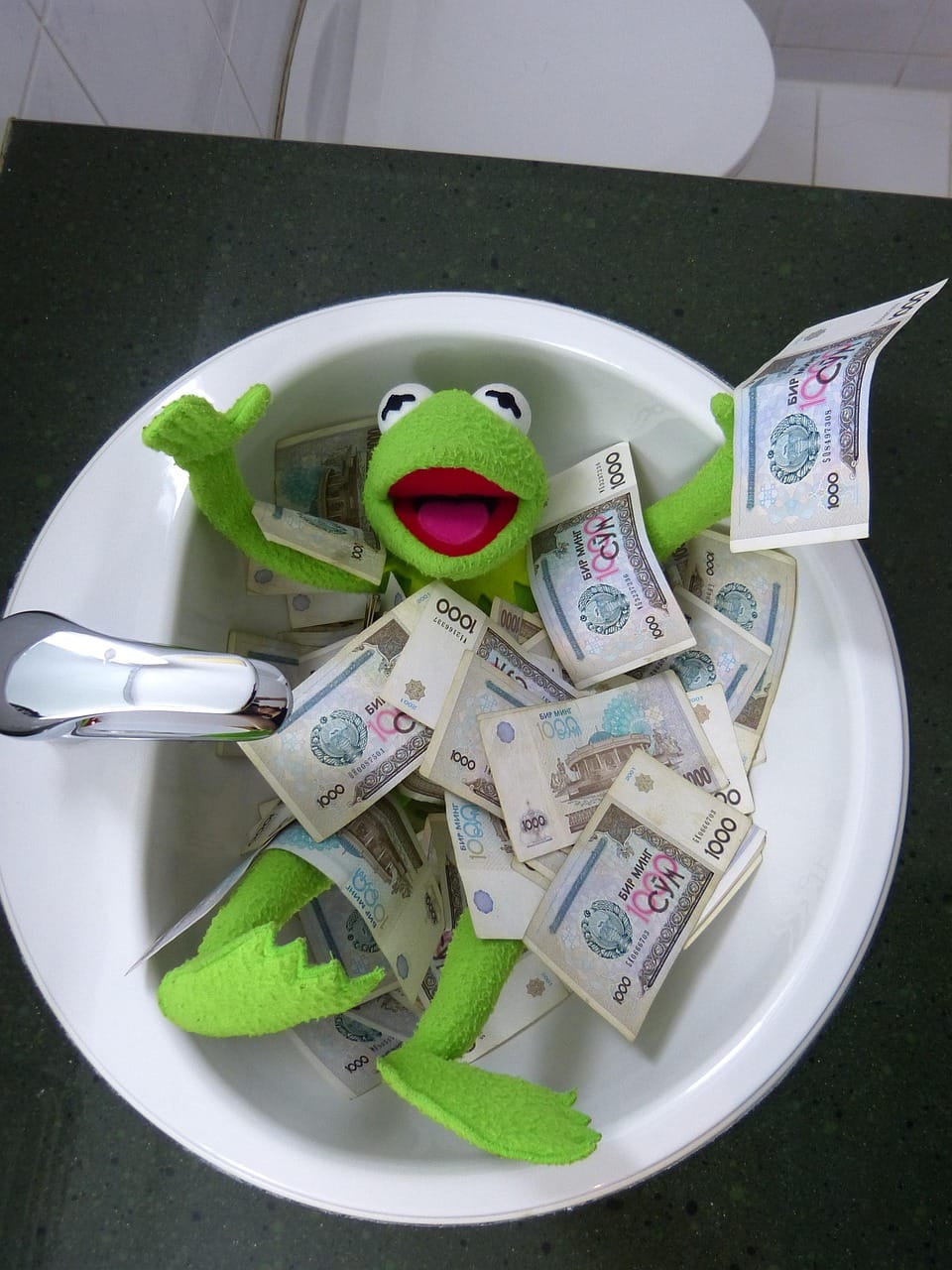 kermit, frog, money, to bathe, bathroom sink, look forward, rich, green, fun, happy, kermit, kermit, kermit, kermit, kermit, money, money, money