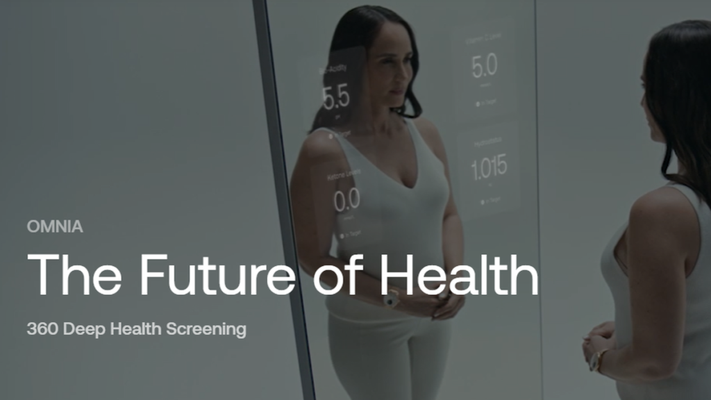 Omnia Health Mirror displaying detailed health metrics with a futuristic interface."