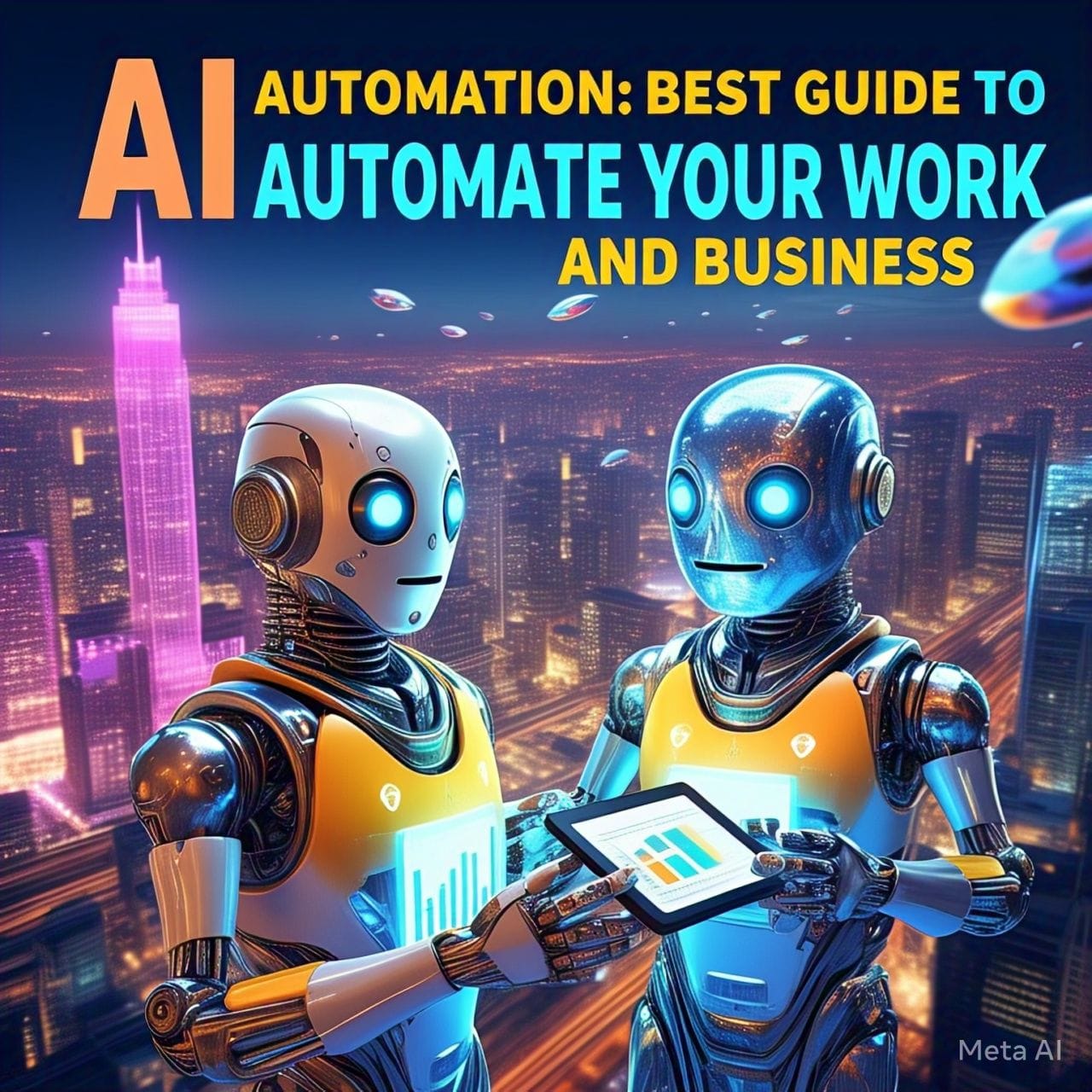 Futuristic AI-powered workspace with robots, smart analytics dashboards, and professionals collaborating with AI automation for business efficiency.