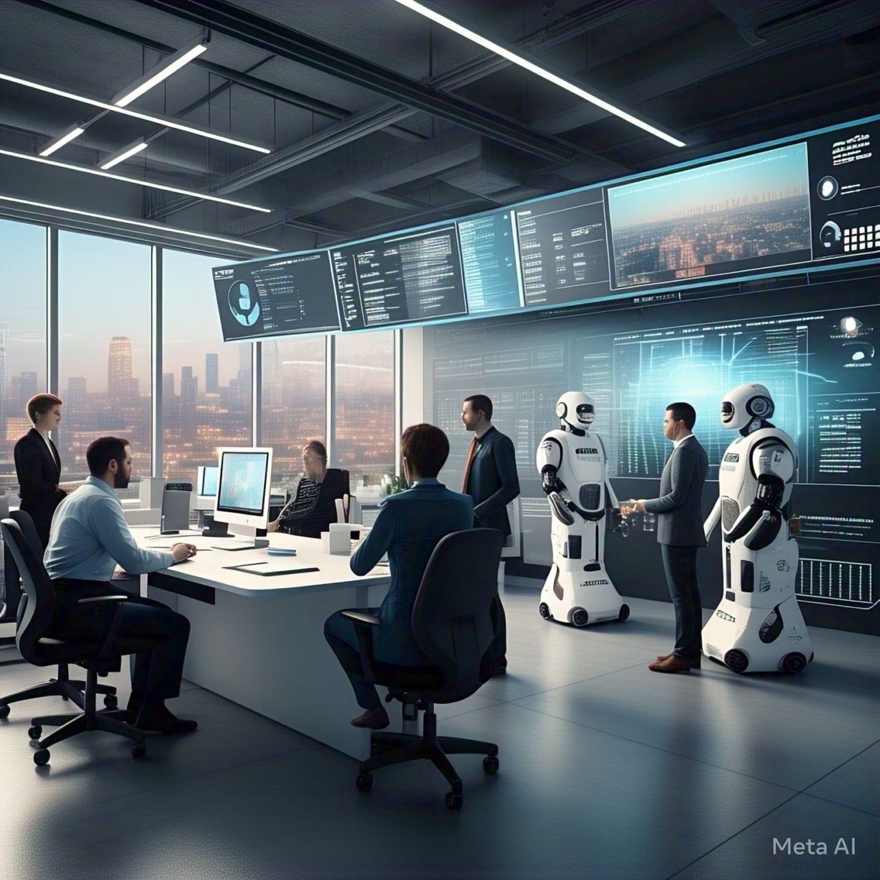 A futuristic business environment where AI automation enhances workflow efficiency, streamlines operations, and drives innovation in various industries.