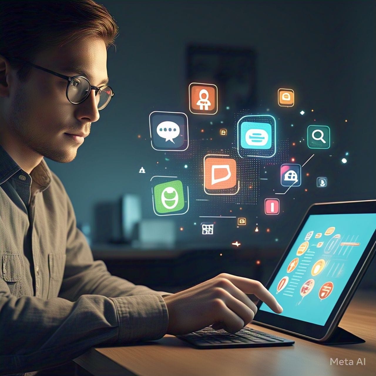 A person using a tablet with various AI app icons floating above it, representing the integration of AI tools into daily life