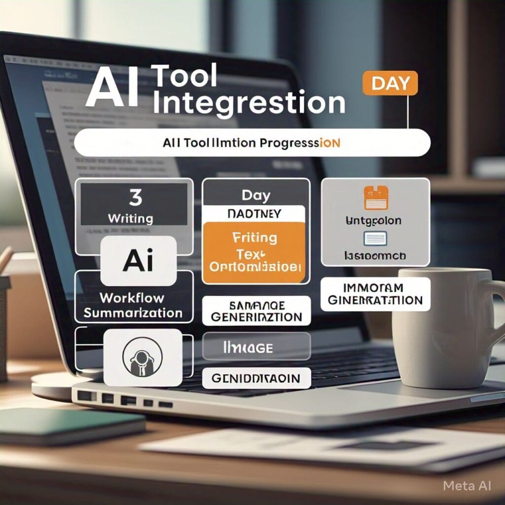 A 7-day calendar showing the progression of AI tool integration, from writing assistance to workflow optimization