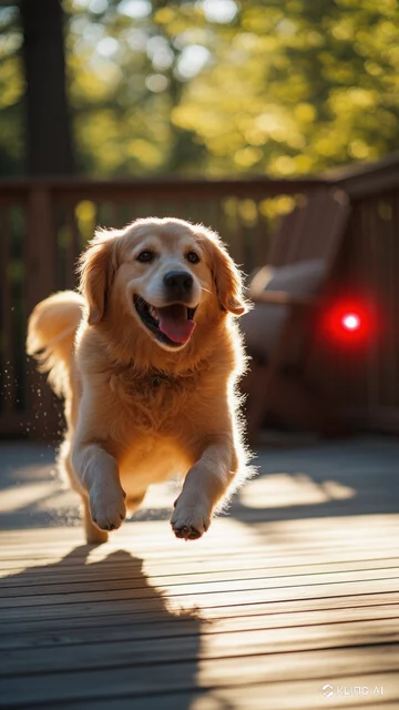 a fluffy golden retriever playfully chasing a red laser pointer on a sunny wooden deck a fluffy golden retriever playfully chasing a red laser pointer on a sunny wooden deck